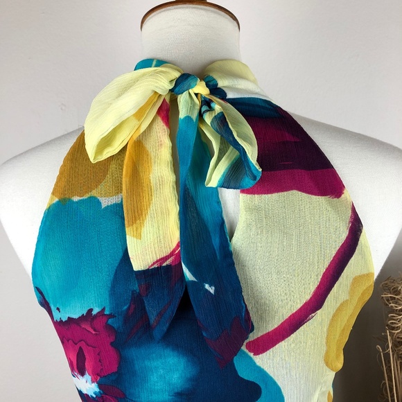 BCX Ruffle Keyhole Floral Sleeveless Halter Blouse Medium Blue Yellow - Picture 5 of 10